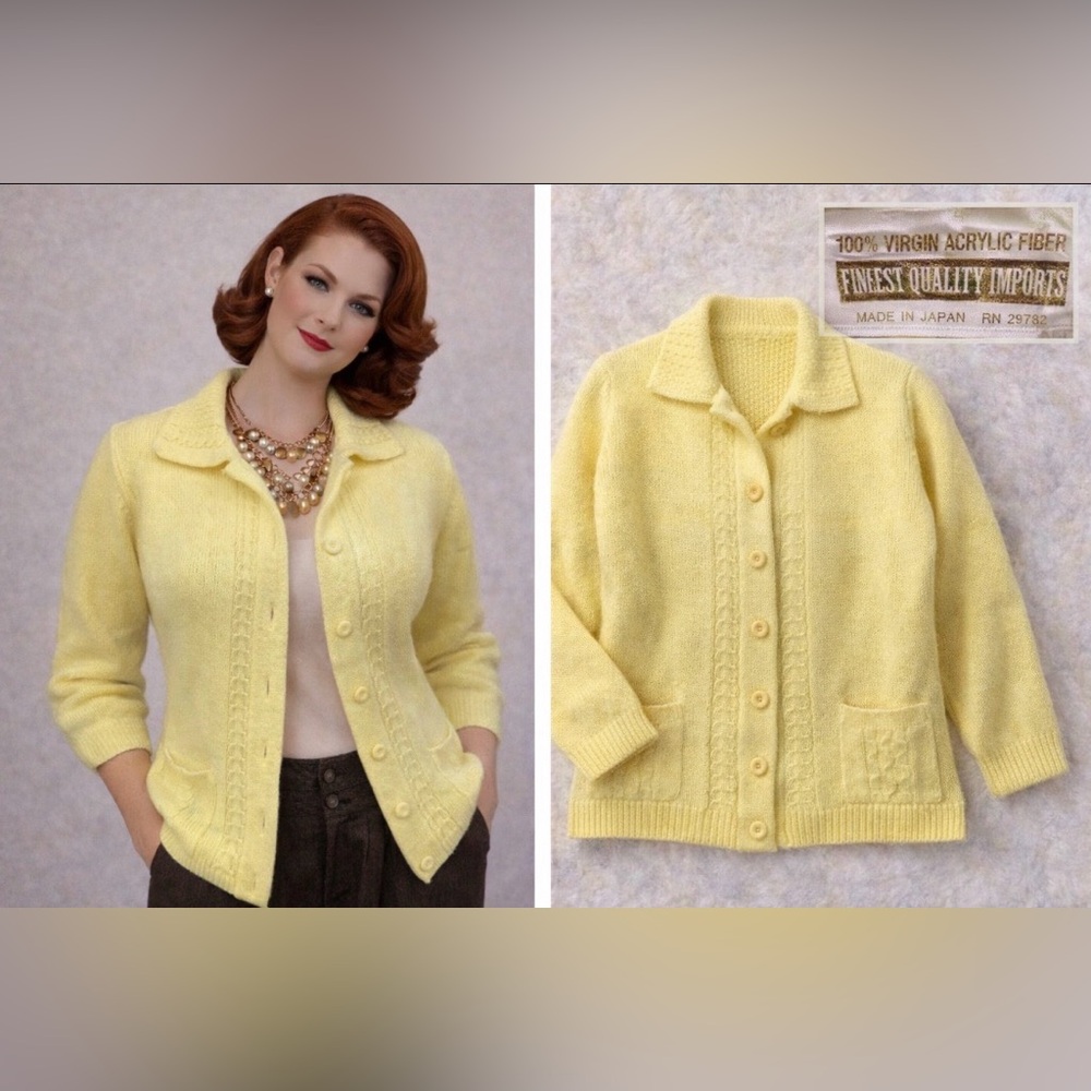 *Vintage 1960’s- Yellow Button-Up Cardigan - thick acrylic knit/ pockets - Large